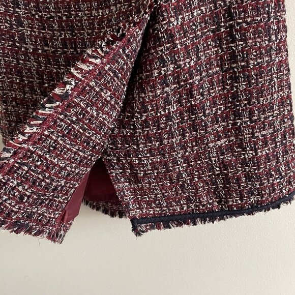 Talbots Women 10 Burgundy Tweed Fringe Hem Button Faux Wrap Pencil Skirt - Picture 5 of 11